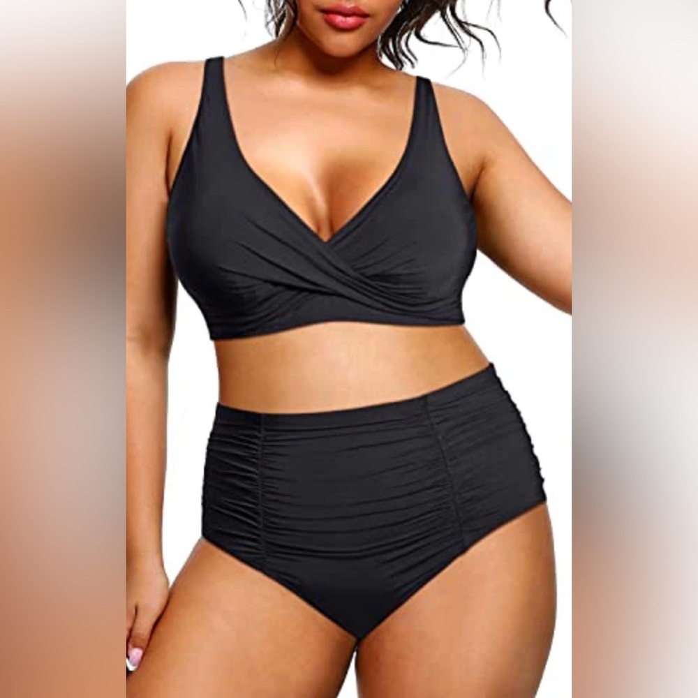 Holipick High Waist Tummy Control Ruching Bikini Twist Front Top, in Black. 14W